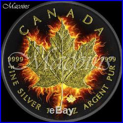 BURNING FIRE MAPLE LEAF 2014 Canada 1Oz Black Ruthenium & Gold Gild Silver Coin