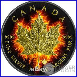 BURNING MAPLE Leaf Fire Black Ruthenium Gold 1 Oz Silver Coin 5$ Canada 2014