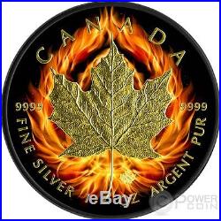 BURNING MAPLE Leaf Fire Black Ruthenium Gold 1 Oz Silver Coin 5$ Canada 2015