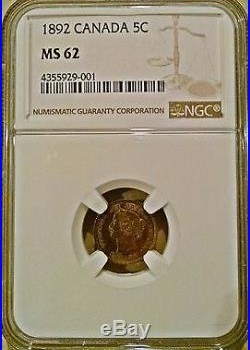 Canada 1892 Silver 5 Cents Low Mintage Date Super Uncirculated Ngc Ms62
