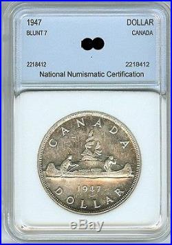 Canada 1947 Silver Dollar -blunt 7- Near Gem Uncirculated Scarce This Nice