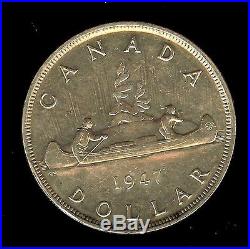 Canada 1947 Silver Dollar Pointed 7, Quadrupled HP Uncirculated+