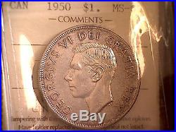 Choice Lightly Toned Business Strike Gem 1950 Canada Silver $ Iccs Ms-65 Swl