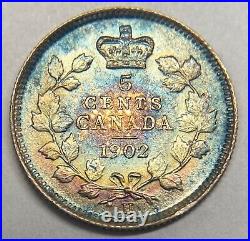 Canada 1902-H Large H 5 Cent Silver Coin Choice Uncirculated + Pastel Toning