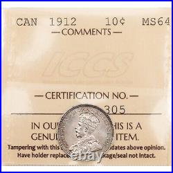 Canada 1912 10 Cents Dime Silver Coin ICCS MS-64