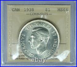 Canada 1938 Silver Dollar ICCS Certified MS64