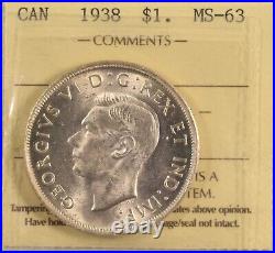 Canada 1938 Silver Dollar ICCS MS63