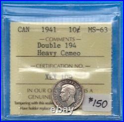 Canada 1941 Double 194 10 Cents Ten Cent Silver Coin ICCS MS-63 Heavy Cameo