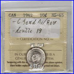 Canada 1942 Double Date 19 10 Cents Silver Coin Graded By ICCS MS-65 #PY041