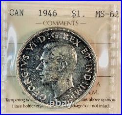 Canada 1946 $1 Voyageur Silver Dollar Graded ICCS MS62, Old Holder! J174