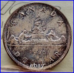 Canada 1946 Silver Dollar ICCS MS63, Interesting Iridescent Toning Cert #XMS489