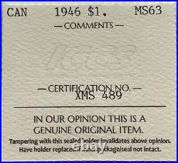 Canada 1946 Silver Dollar ICCS MS63, Interesting Iridescent Toning Cert #XMS489