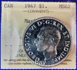 Canada 1947 Maple Leaf $1 Key Date Silver Dollar Graded ICCS MS62. J18