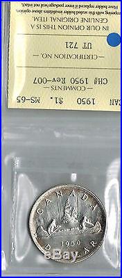 Canada 1950 $ 1 Silver Dollar WL Graded ICCS MS 65 Variety CH # 1950 Rev 007