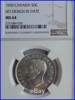 Canada 1950 Silver 50 Cents No Design in Date NGC MS-64