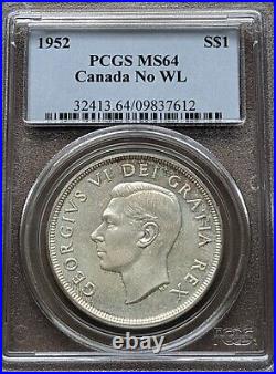 Canada 1952 No Water Lines NWL $1 Silver Dollar PCGS MS 64