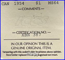 Canada 1954 $1 Voyageur Silver Dollar, Graded ICCS MS64. Cert#XBN387