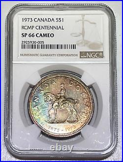 Canada 1973 R. C. M. P. Centennial Silver Dollar Coin Toned NGC SP66 CAMEO