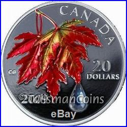 Canada 2009 Color $20 Pure Silver Maple Leaf Autumn w Swarovski Crystal Raindrop