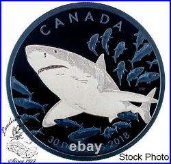 Canada 2018 $30 Great White Shark 2 oz. Pure Silver Coin Blue Rhodium Plating