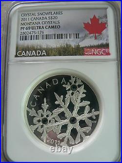 Canada 20 Dollars 2011 Montana Crystals Snowflakes Ngc Pf-69 Fine Silver Coin