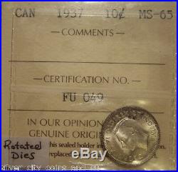 Canada George VI 1937 Rotated Dies Silver Ten Cents ICCS MS-65