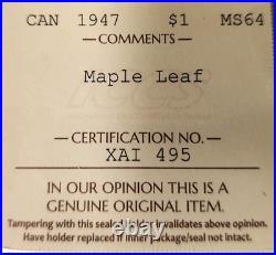 Canada George VI Silver Dollar 1947 Maple Leaf Iccs Ms64