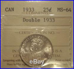 Canada George V 1933 Double 1933 Silver 25 Cent ICCS MS-64 (XJH-782)