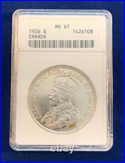 Canada George V 1936 1 Dollar Silver Coin, Uncirculated, Anacs Certified Ms61 Canada George V 1936 1 Dollar Silver Coin, Uncirculated, Anacs Certified Ms61