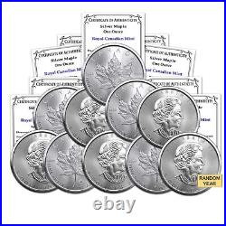 Canada Lot of 10 Random Year 1oz Silver Maple Leafs Brilliant Uncirculated withCoA
