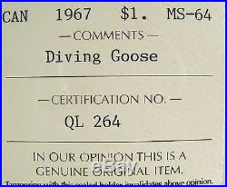 Canada Near Gem, 1967 Silver Dollar Diving Goose ICCS MS-64