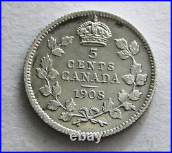 Canada Silver 5 Cents 1908, KM 13 Uncirculated, Uncertified