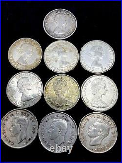 Lot of (10) Canada Silver 1940 -1966 Uncirculated, Some Toned, 50 Cents Coins