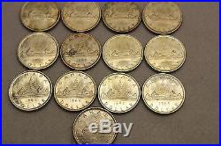 Lot of 13 Uncirculated 1965 Canadian Silver $1 Dollar Coins, Canada, Sku#10140