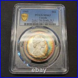 MS63 1965 $1 Canada Voyageur Silver Dollar, PCGS Secure- Rainbow Target Toned