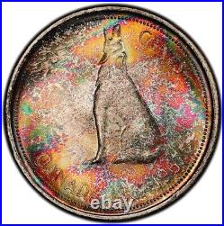 MS63 1967 50C Canada Silver Wolf Dollar, PCGS Secure- Beautifully Rainbow Toned