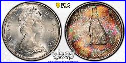 MS63 1967 50C Canada Silver Wolf Dollar, PCGS Secure- Beautifully Rainbow Toned