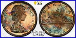 MS64 1966 Canada Large Beads Voyageur Silver Dollar, PCGS Secure- Rainbow Toned