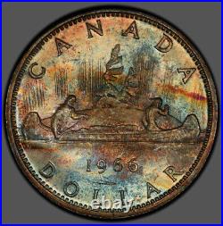MS64 1966 Canada Large Beads Voyageur Silver Dollar, PCGS Secure- Rainbow Toned