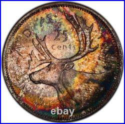 MS65 1964 25C Canada Silver Caribou 25 Cents PCGS Trueview- Nicely Rainbow Toned