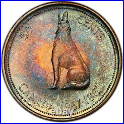 MS65 1967 50C Canada Silver Wolf Dollar, PCGS Trueview- Pretty Rainbow Toned