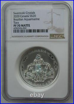 NGC PF70 Canada 2020 Swarovski Crystals Brazilian Aquamarine Tiara Silver Coin