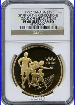 Proof 1992 Canada $15 Gold Off Metal Strike (Should Be Silver) NGC PF 68