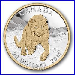 Renewed Cougar Snow Gold-Plated $20 2014 1OZ Pure Silver Proof Coin Canada