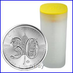 Roll of 25 2018 Canada 1 oz Silver Maple Leaf 30th Anniv. $5 Coins BU SKU52821