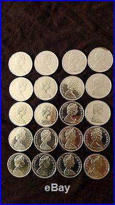 Roll of twenty (20) 1965 S$1 Type 2 Sm Beads Bl 5 (BU) Canadian Silver Dollars