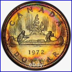 SP64 1972 Canada Voyageur Silver Dollar, PCGS Trueview- Rainbow Toned