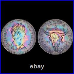 SP64 1982 $1 Canada Silver Proof Dollar, PCGS Trueview- Vivid Rainbow Toned