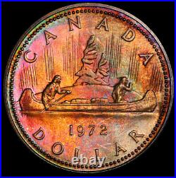 SP65 1972 $1 Canada Silver Voyageur Dollar, PCGS Secure- Vivid Rainbow Toned