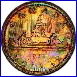 SP65 1972 Canada Voyageur Silver Dollar, PCGS Trueview- Beautiful Rainbow Toned